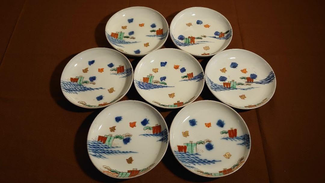 古伊万里　伊万里　波千鳥　色絵　アンティーク伊万里　菓子皿　希少図柄　蔵出　７客 古伊万里 伊万里 波千鳥 色絵 アンティーク伊万里 菓子皿 希少